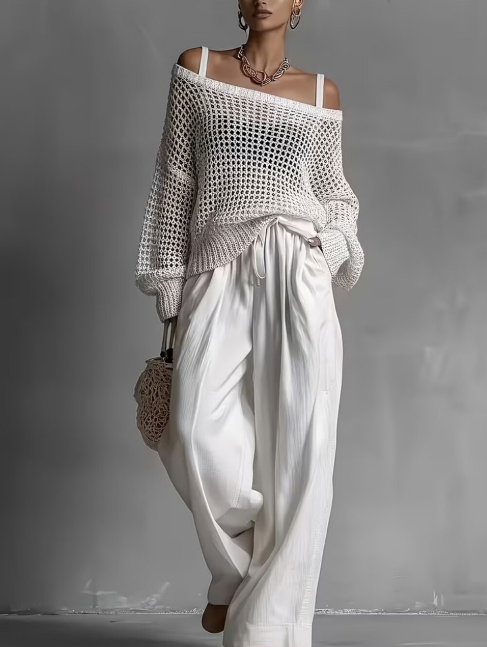 Hollow Bohenian Off The Shoulders All Seasons Sweater In White